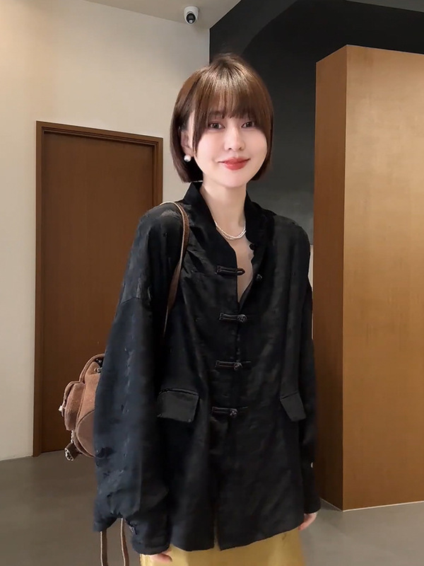 新中式盘扣长袖提花衬衫女春秋慵懒风黑色衬衣高级感国风气质上衣|undefined
