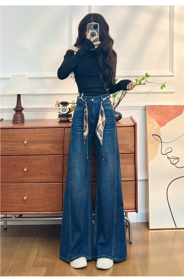Quần jean nữ ống loe cạp cao co giãn, denim lót lông cừu mùa đông — Màu xanh vàng đen kéo dài, Quần xanh đen vàng, Retro màu xanh chín điểm, Vàng đen xanh chín điểm chi tiết 18