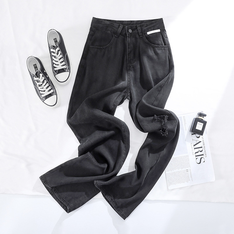 Personalized Knee Hole Jeans Men's Black Slim Straight Pants Vibe American High Street Large Size Casual Pants Personalized Knee Hole Jeans Men's Black Slim Straight Pants Vibe American High Street Large Size Casual Pants