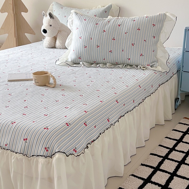 Korean-Style Small Cherry Cooling Mat Bed Cover Bed Skirt Class a Pe Cooling Cherry Three-Piece Set Washable Soft Mat Cooling Bed Skirt 3