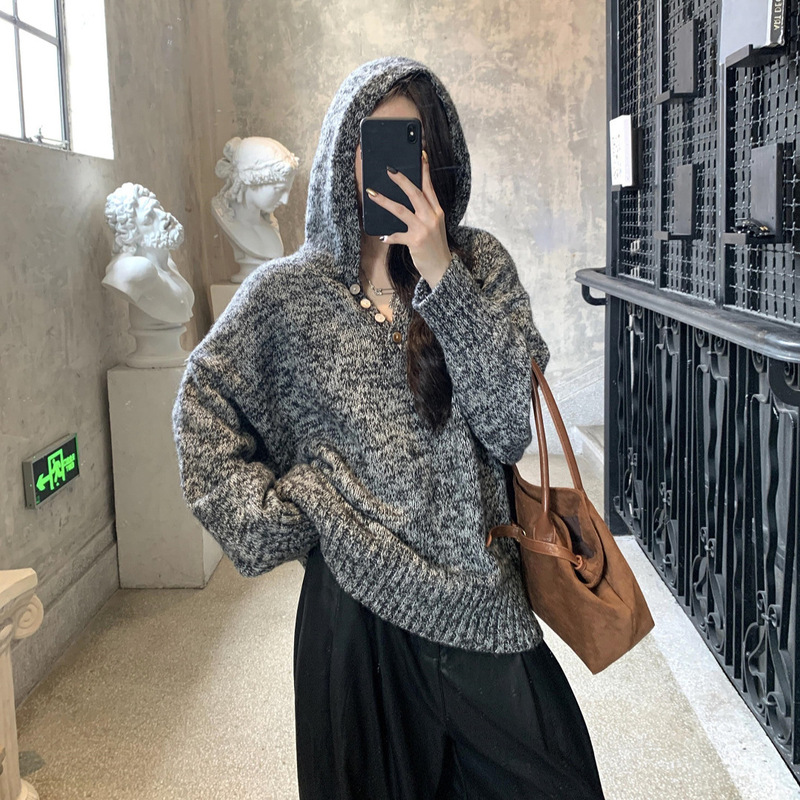 外贸秋冬新款花式纱线连帽贝壳扣针织慵懒风软糯毛衣女百搭上衣女|undefined
