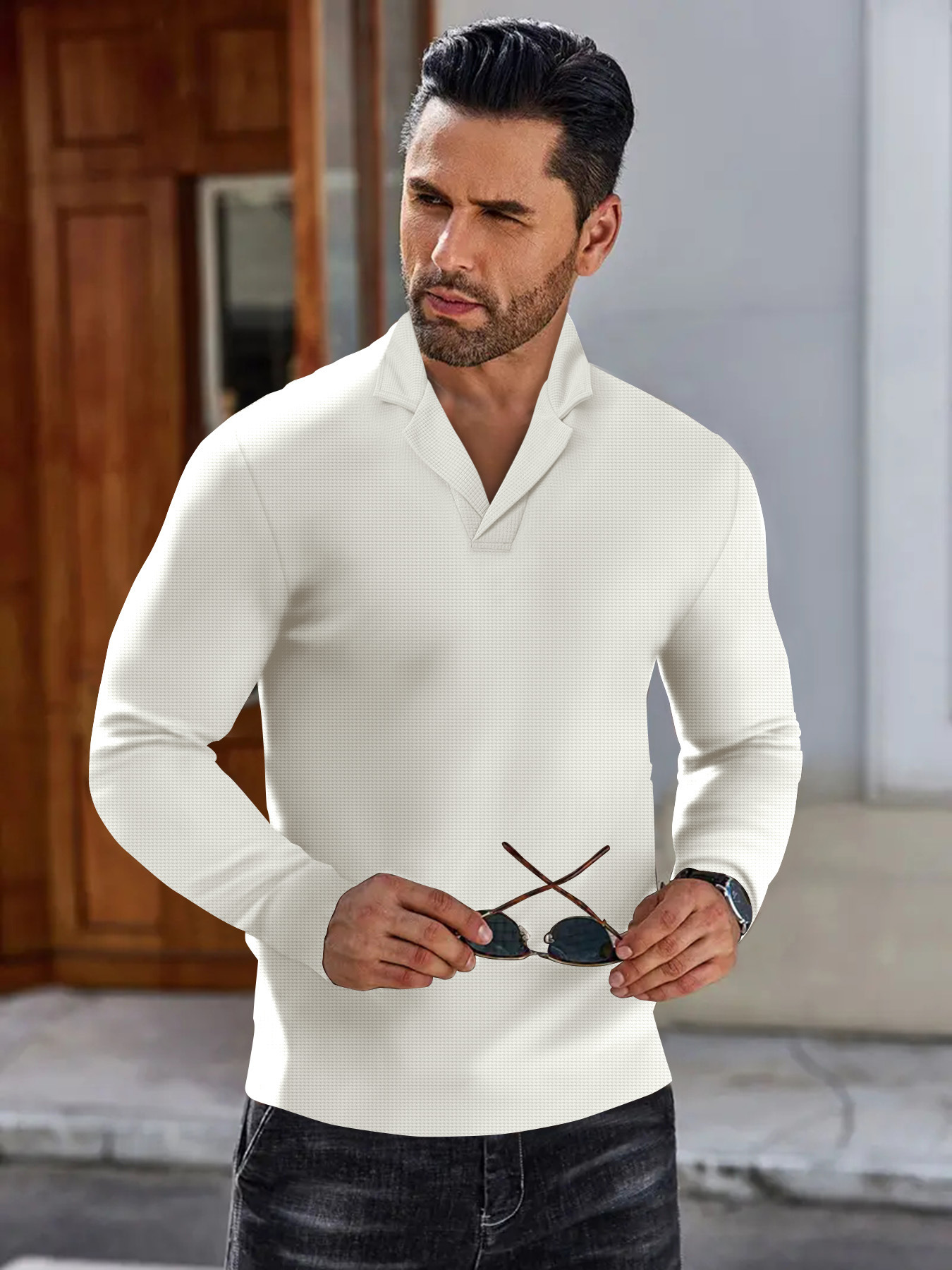 Polo a manica lunga da uomo in maglia a nido d'ape business_voghion.com