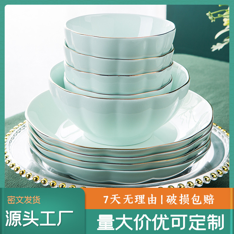 Dishes Set Wholesale Household Simple Phnom Penh Rice Bowl Noodle Soup Bowl Dish Plate Yingqing Light Luxury Ceramic Bowl Tableware Set