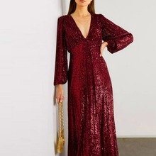 欧美跨境女装外贸夏季新款礼服裙中裙V领宴会酒会礼服裙晚礼服