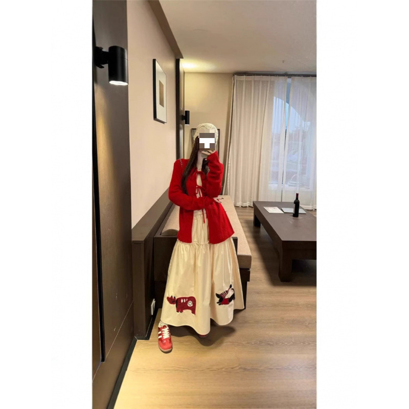 小众长袖T恤蝴蝶结绑带针织衫外套温柔风套装女春季半身裙三件套|undefined