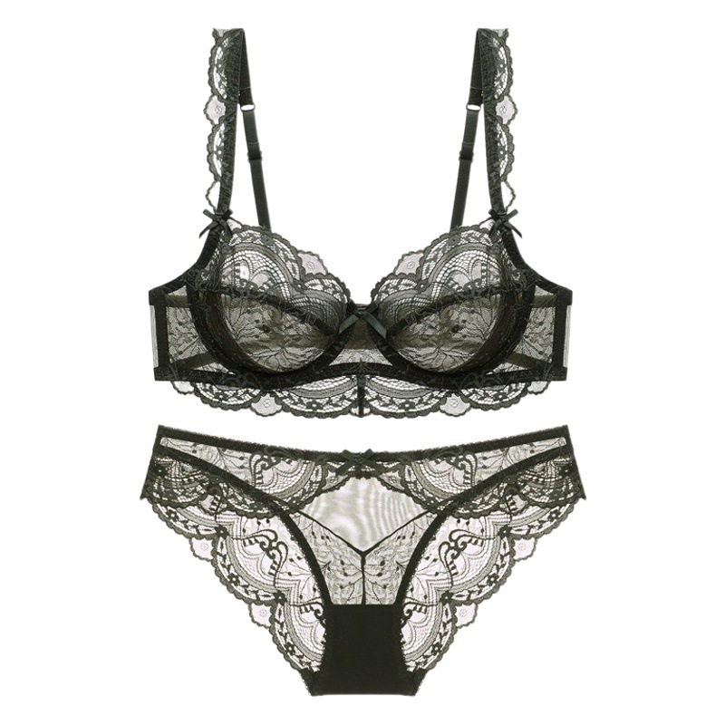 Ropa interior de encaje francés traje de ropa interior sexy sin esponja ultrafino para mujer pecho grande pequeño sujetador de soporte superior anti-flacidez