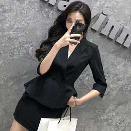 西装套装女职业装春秋气质修身正装面试酒店前台荷叶边工作服