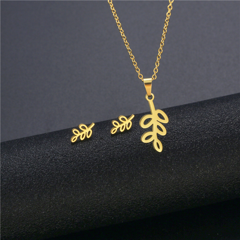 fashion leaf pendant stainless steel necklace earrings set