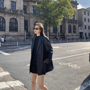 [3704 Collection] 2024 Spring and Autumn New Design Small Fried Street Retro Black PU Leather Suit