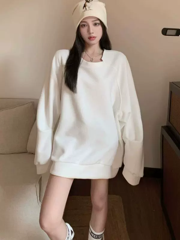 白色不规则长袖套头卫衣外套女秋休闲宽松慵懒风中长款上衣