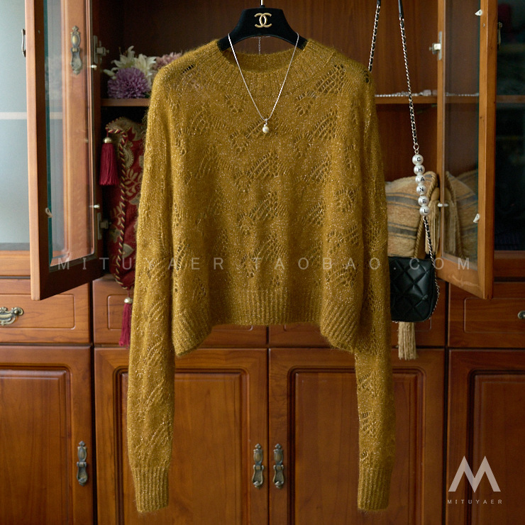 Hidden Flash Silk Turmeric Semi-Transparent Hollow Crocheted Short Knit Blouse