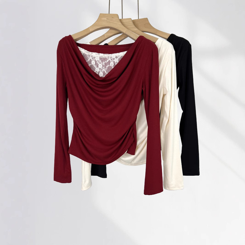 Beautiful lace fake two-piece swing collar off-shoulder wine red top spring new pure wind pleated base shirt