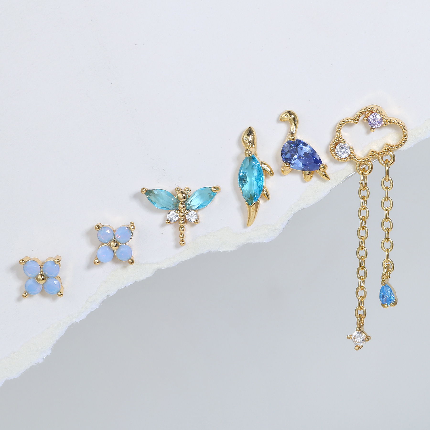 Daily Occasion Copper Material Cute Clouds Dinosaur Flower Copper Inlaid Zircon Earrings 1 Set