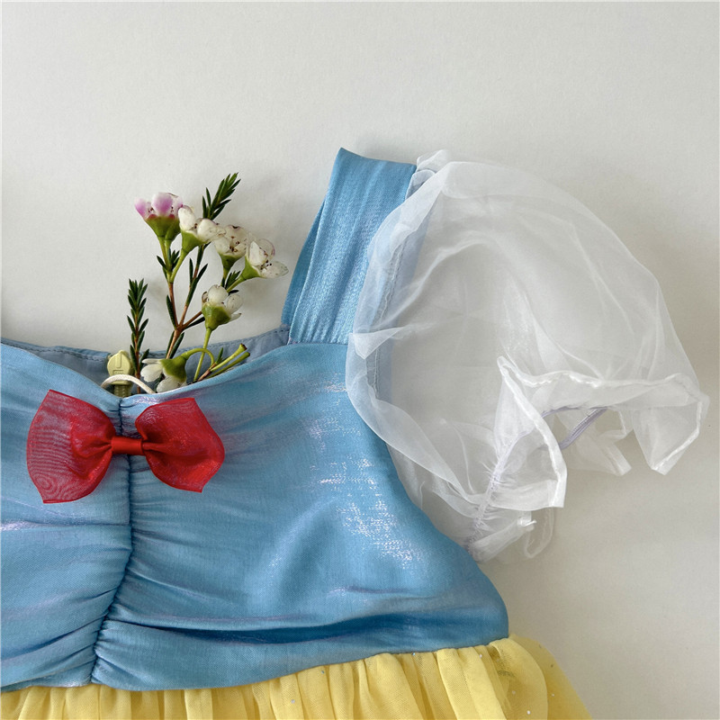 [Exempt de posta] niñas arco vestido de princesa para niños de manga corta empalmado vestido de verano niñas de verano nuevos productos