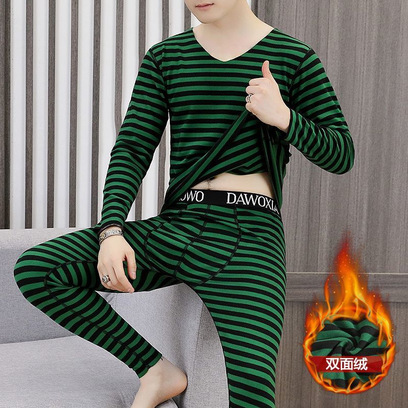 겨울 독일 벨벳 열 속옷 자체 가열 청소년 양면 플리스 줄무늬 바텀 셔츠 남성 가을 옷 및 가을 바지 정장