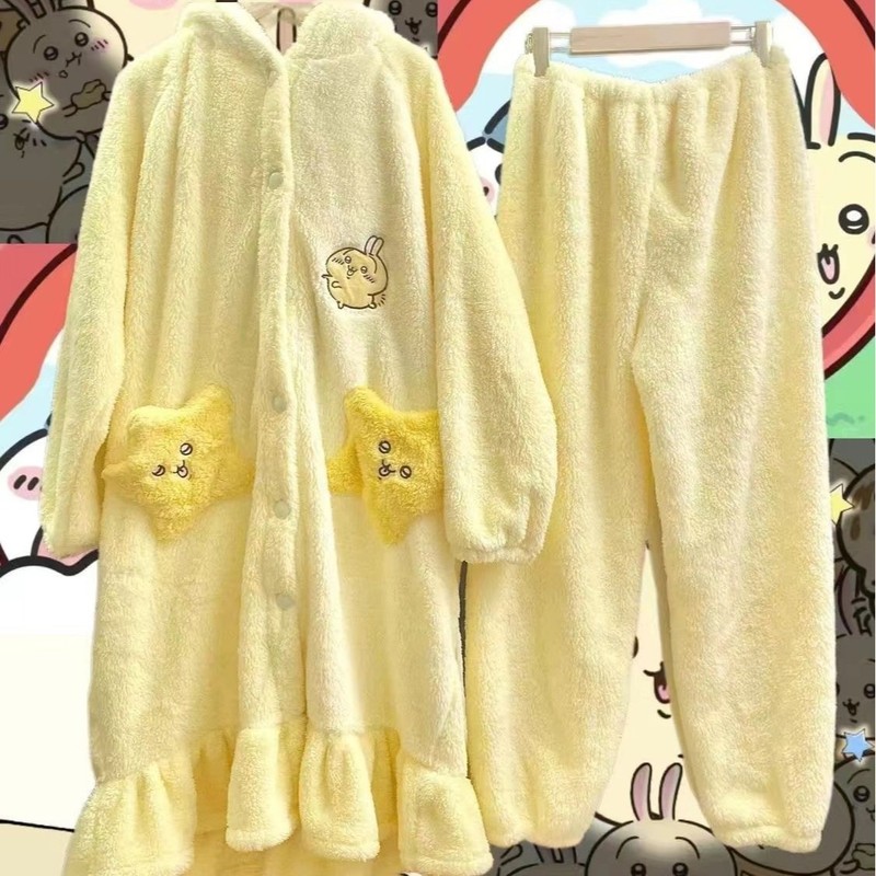 ウサッチのパジャマの女性秋の冬の厚い珊瑚の絨毯の寝衣の漫画のかわいい少女のフランネルの家の服のスーツ|undefined