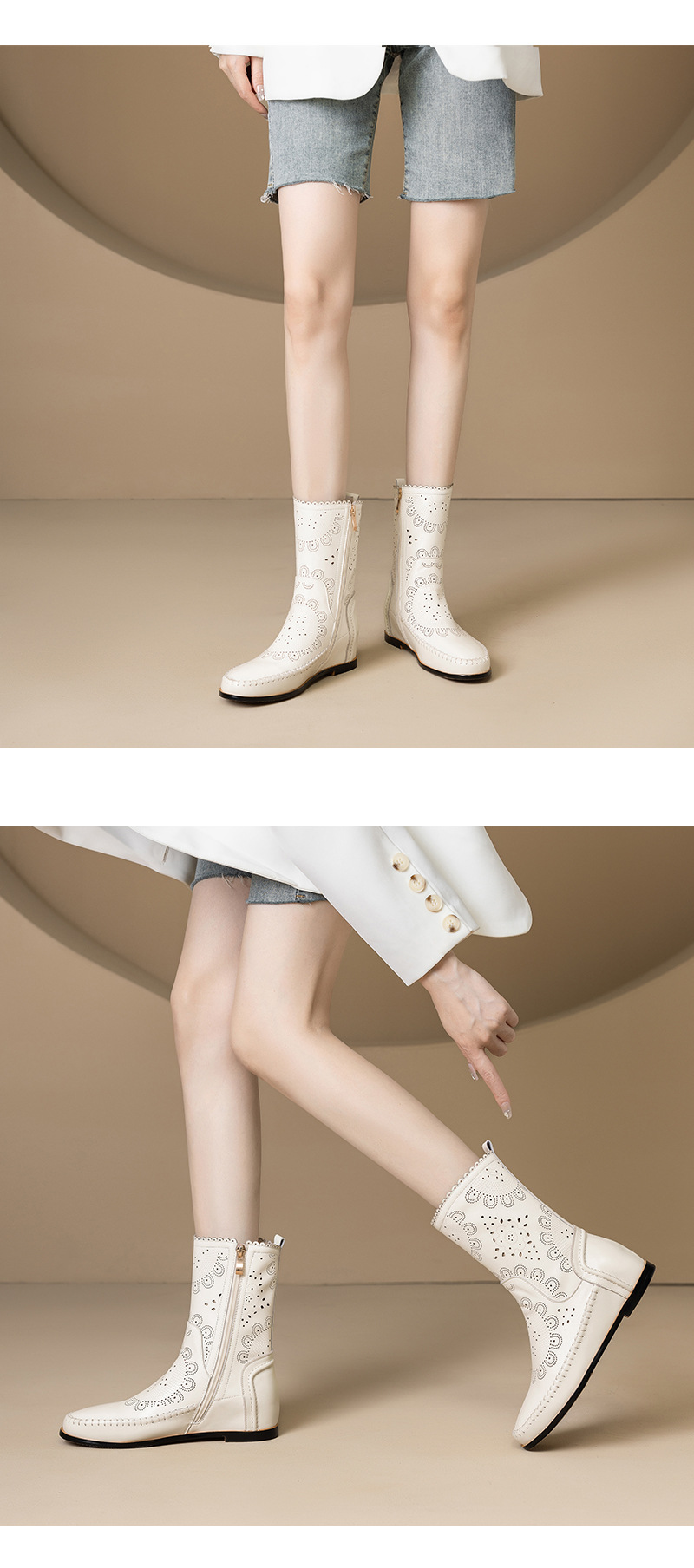 Boot nữ cổ thấp da bò đục lỗ đế xuồng đốt hoa — Màu be [lót một lớp] chi tiết 5