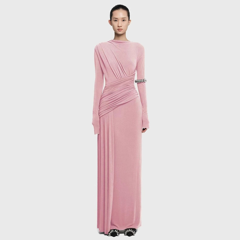 In-Stock New Knit Long-Sleeve Dress with Ribbon, Elegant High-End Style, Asymmetrical Neckline, Stretchy Ruched Floor-Length Gown