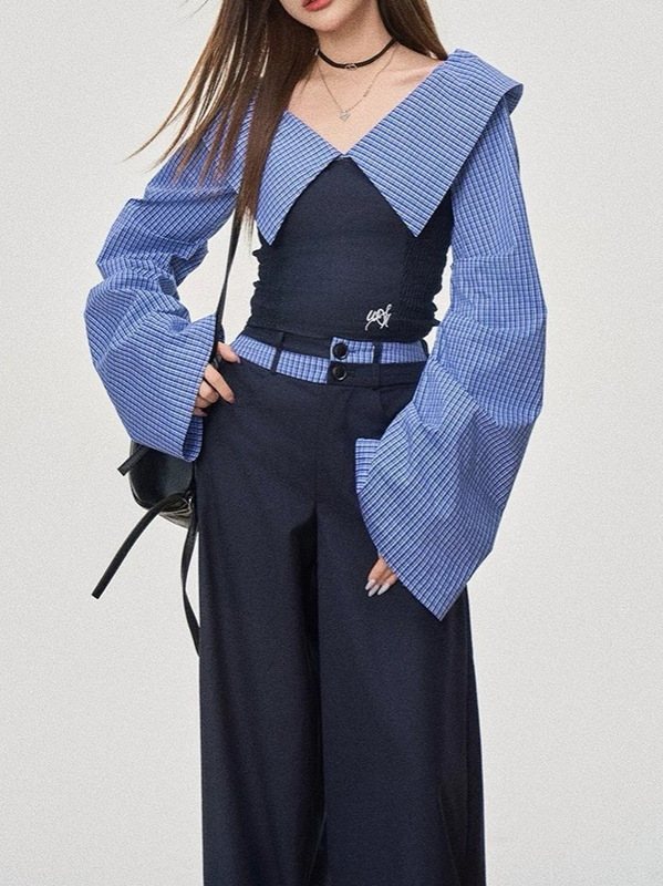 【1月15号新品】WESTAYONE一字肩条纹拼接显瘦修身上衣学院休闲裤|undefined