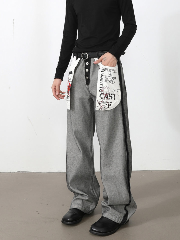 Quần jean nam ống rộng phong cách Mỹ cổ điển, thiết kế túi lớn lật ngược, lưng trung, dáng suông dài — Đen ngược đáy chi tiết 19