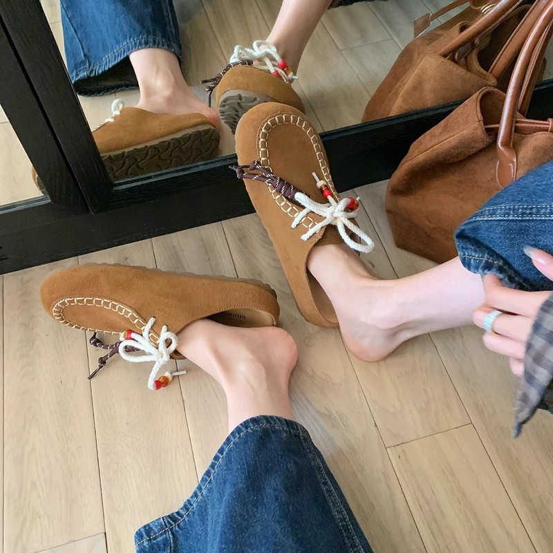 葡萄妈同款现货~ 时髦真皮大头勃肯系带外穿增高包头半拖鞋女春秋|undefined