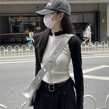 长袖T恤秋季女装短款拉链百搭修身打底衫内搭撞色插肩袖正肩上衣