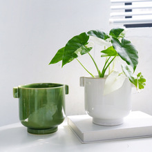 日式简约桌面绿植盆器网红ins北欧个性水培双耳套盆绿萝陶瓷花盆