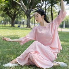 禅修茶服女性中国風綿麻禅服太極練習服丸首中袖上着ウエストズボンセット