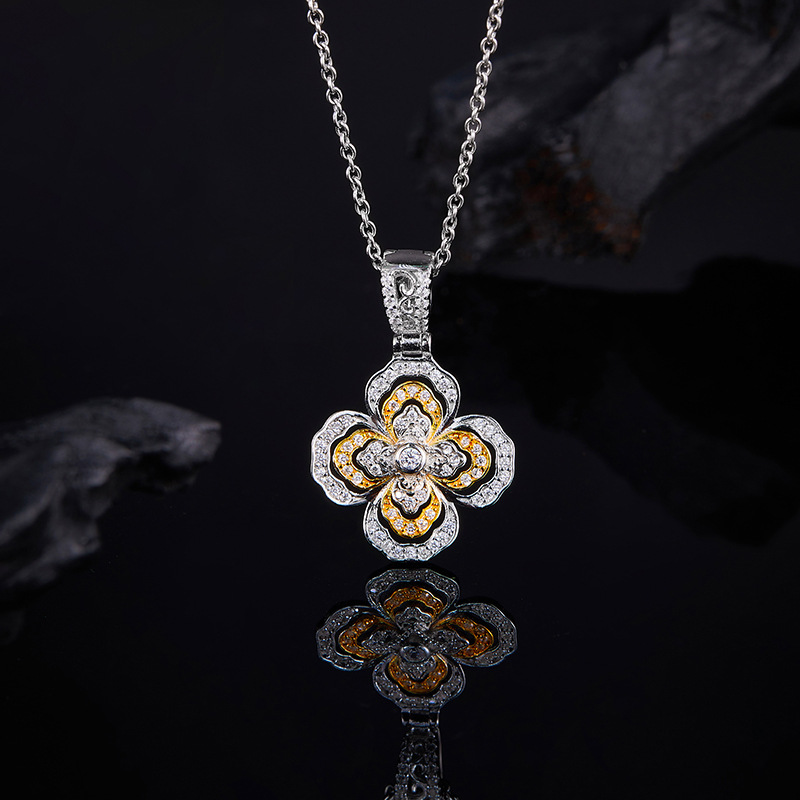 S Silver Inlaid Moissanite Four-Leaf Clover Color-Gradient Women's Pendant Necklace Full Diamond Flower Jewelry Autumn_voghion.com