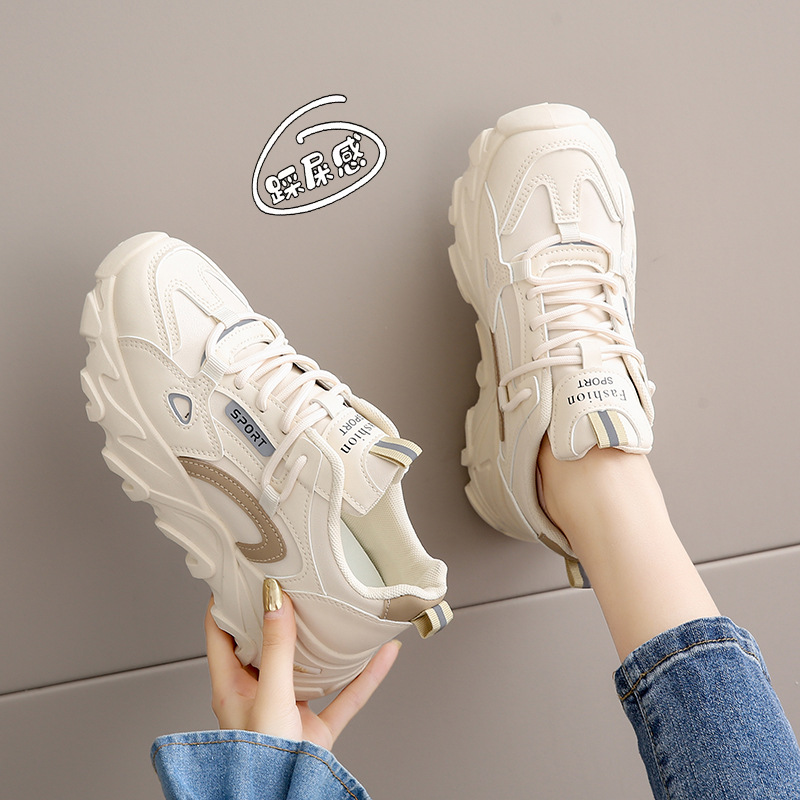 Genuine Leather Dad Shoes for Women, Waterproof Spring and Summer New Style Sports Shoes for Students, Lightweight Soft-Soled Running Shoes