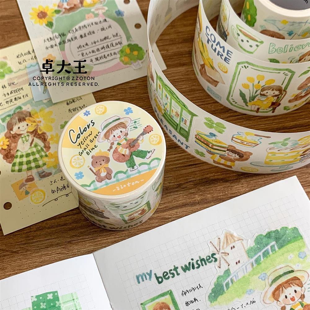 卓大王【阿卓配色系列胶带】切膜柠檬青草浅蓝拼贴素材手绘贴纸