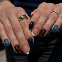 外贸复古深蓝龟纹法式晕染甜酷欧美风穿戴甲24片press on nails