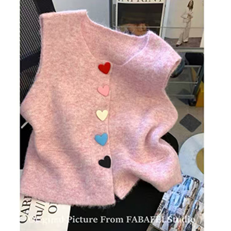 Estación europea de otoño y invierno 2025 nuevo suéter de botón de color amor temperamento de moda dulce envejecimiento chaleco sin mangas hombro de la mujer image 7
