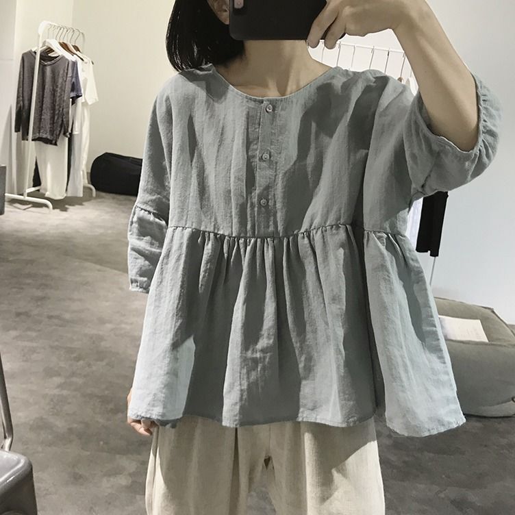 Cotton and Linen Doll Shirt for Women, Summer 2026, Loose Fit, Plus Size, Five-Quarter Sleeve, Unique Design, Niche Linen Lantern Sleeve Shirt Cotton and Linen Doll Shirt for Women, Summer 2026, Loose Fit, Plus Size, Five-Quarter Sleeve, Unique Design, Niche Linen Lantern Sleeve Shirt