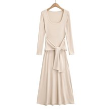 纯欲辣妹长袖腰部绑带长裙收腰U领连衣裙显瘦长裙个性小众