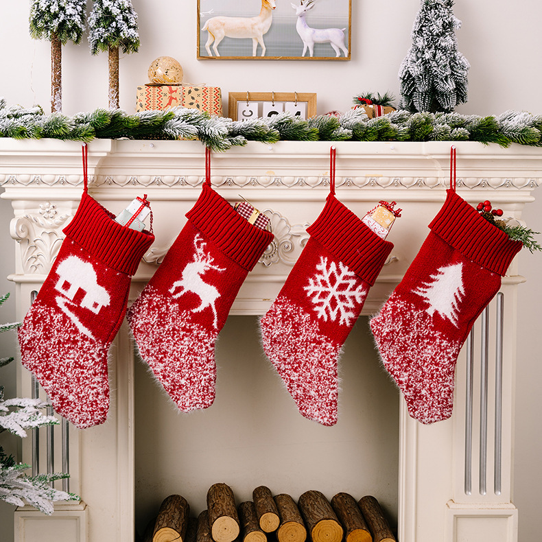 Christmas Stocking Knitted Red Snowflake Decoration Gift Bag_voghion.com