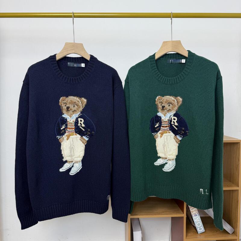 Rl High Quality/Scannable Bear 25 Years Autumn and Winter New Wool Cashmere Heavy Embroider Women's Round Neck Sweater