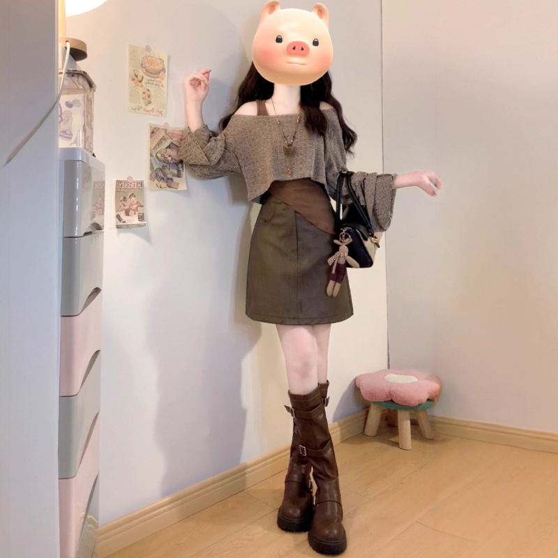 大码复古减龄套装女秋季慵懒风长袖针织上衣胖MM显瘦半身裙三件套|undefined