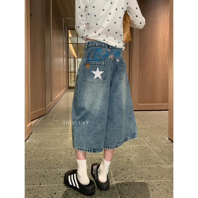 Xhdd Yay Original Vintage Star Print Denim Cropped Pants for Women, Loose Graffiti Blue Shorts for Men, Street Style Xhdd Yay Original Vintage Star Print Denim Cropped Pants for Women, Loose Graffiti Blue Shorts for Men, Street Style