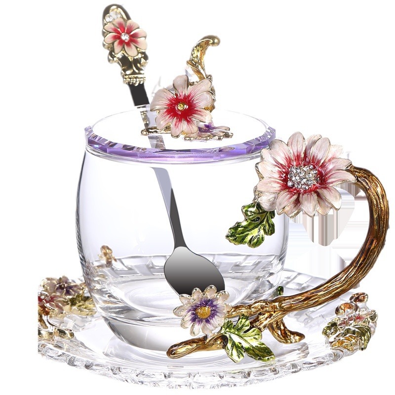 París marzo esmalte taza de agua de cristal resistente a altas temperaturas taza de té de flores para regalar a la novia maestros regalo de té