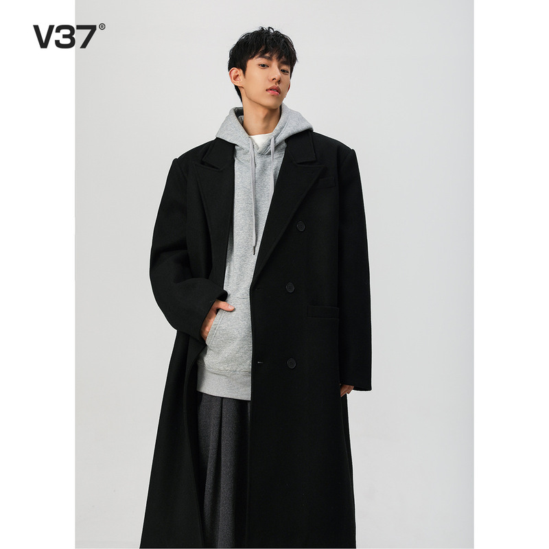 Black Stylish Men's Coat 2025 Spring and Autumn Long Suit Korean Style Woolen Trench Coat Jacket