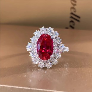 Cultivate Ruby Ring 18k Gold Moissanite Small Diamond Women's Ring Long Oval Non-Burned Pigeon Blood Red Luxury