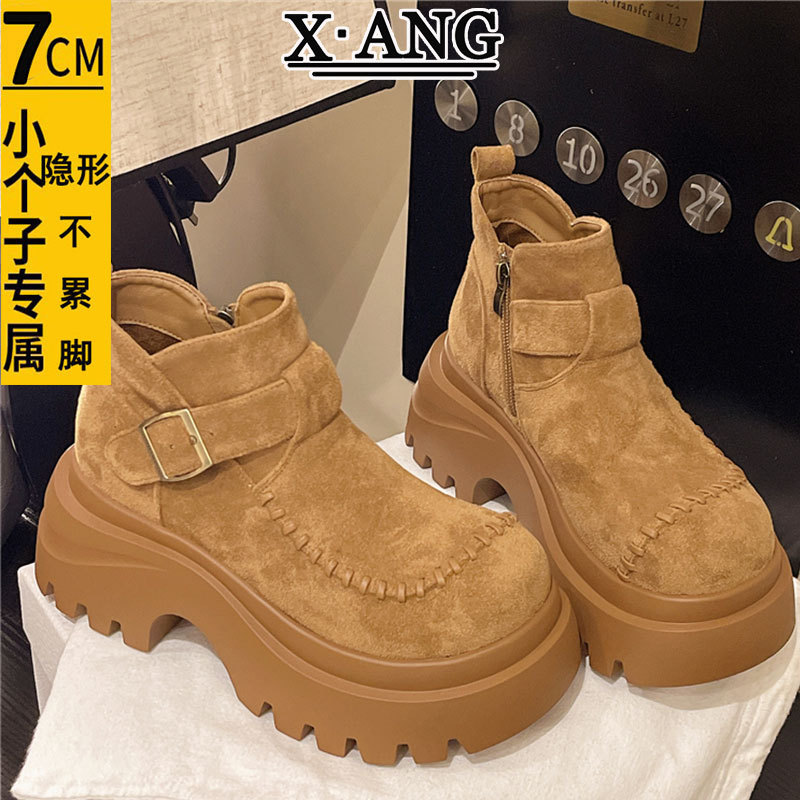 牛皮版小个子厚底增高马丁靴女款粗跟显瘦短靴切尔西靴勃肯靴子女|undefined