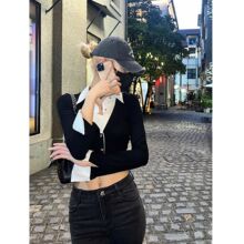 2025秋季时尚舒适黑白撞色短款衬衫假两件针织开衫长袖修身上衣女