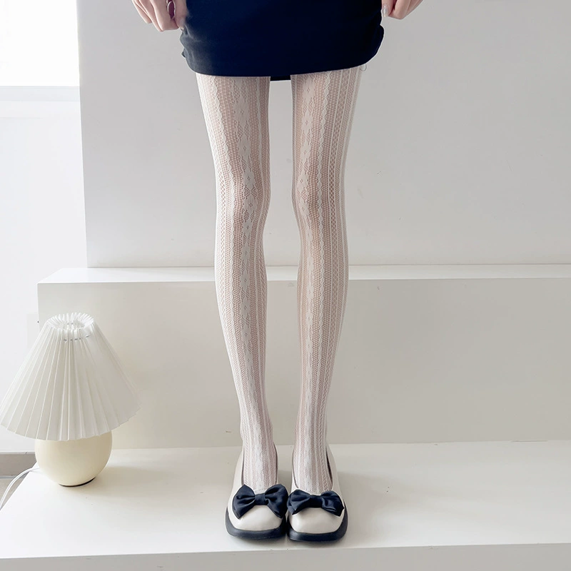 Lolita-style Japanese Summer Tights, Floral Lace Pattern, One Size (Black / White)
