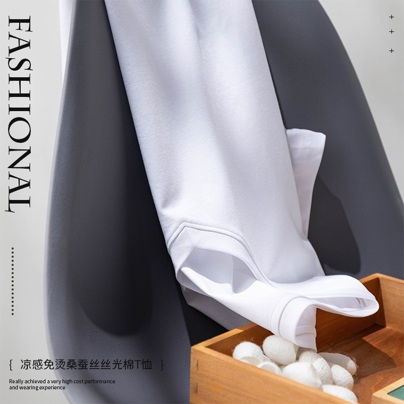 Heavy Weight Newly Upgraded Mulberry Silk Ratio Cool Feeling No-Iron Mercerized Cotton Mask Silky T-Shirt Women's Round Neck V Neck White t