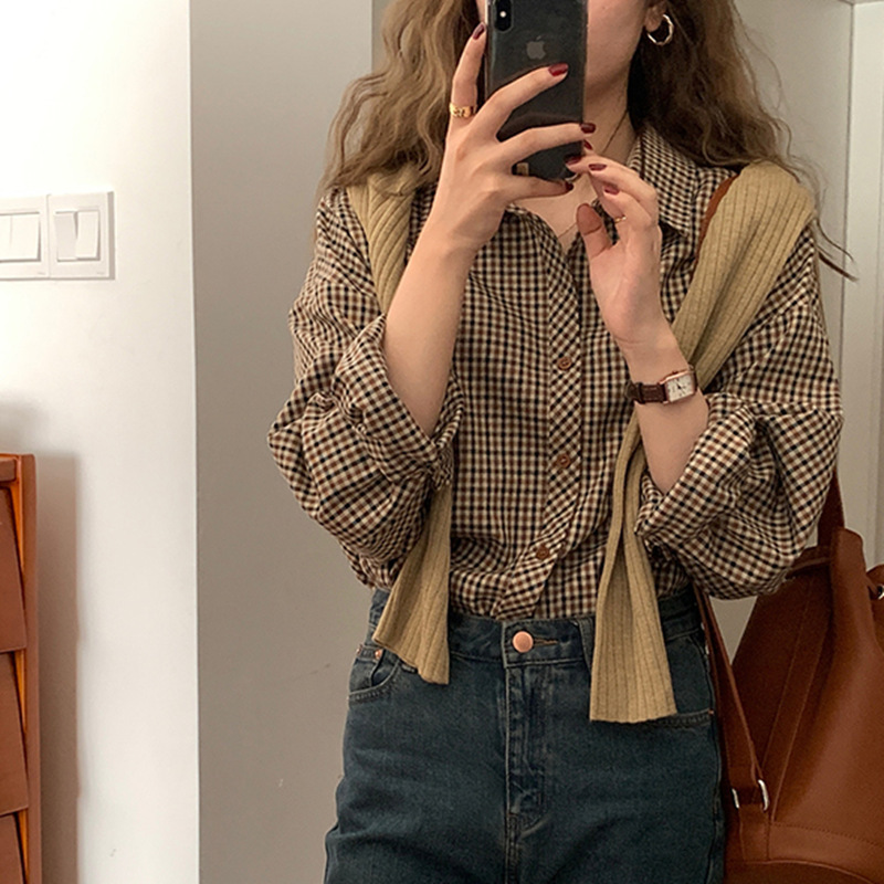 Korean Style High-End Retro Plaid Shirt for Women, New Autumn Model, Korean Style Brown Loose Long-Sleeve Base Shirt