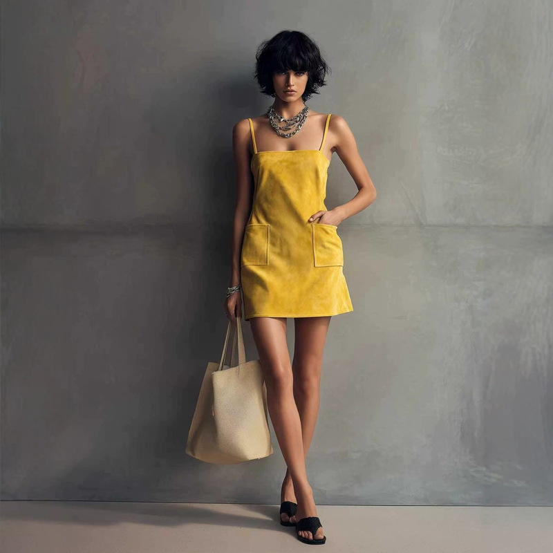 2026 European and American Independent Fashion New Party Western Bohemian Faux Suede Pocket Vest Camisole Dress