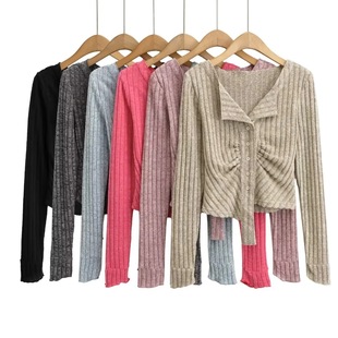 23 European and American style women's new V-neck flanging sweater autumn long sleeve vertical pit slim cardigan top