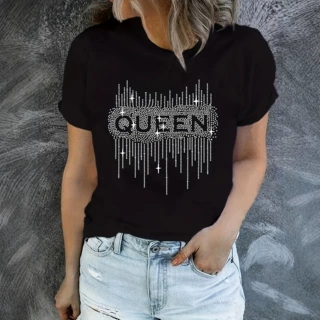 跨境欧美新款t恤 钻石QUEEN图案 宽松圆领百搭上衣